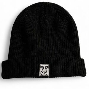 Obey Black Ribbed Cuff Beanie with Face Patch